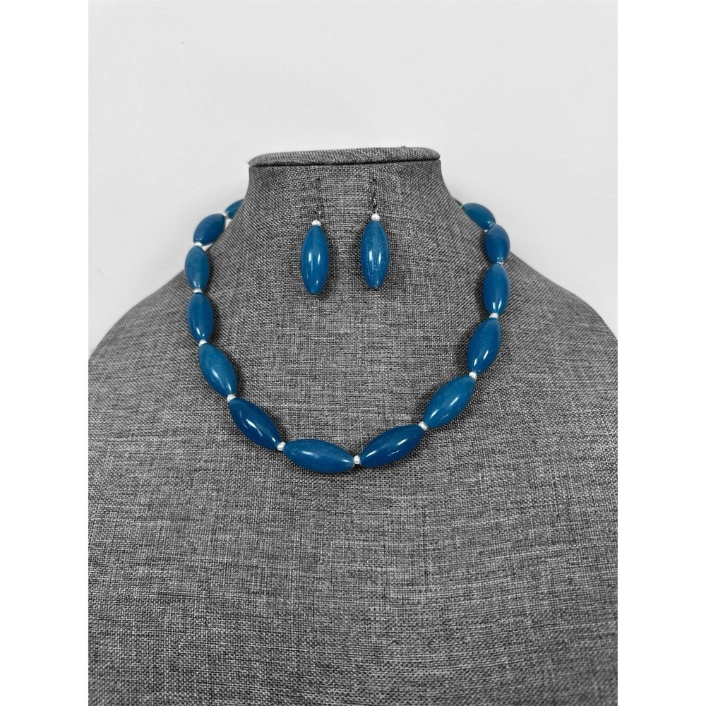 GSJ 925 Blue Quartz & White Pearl Sterling Silver Earrings And Necklace 20"L